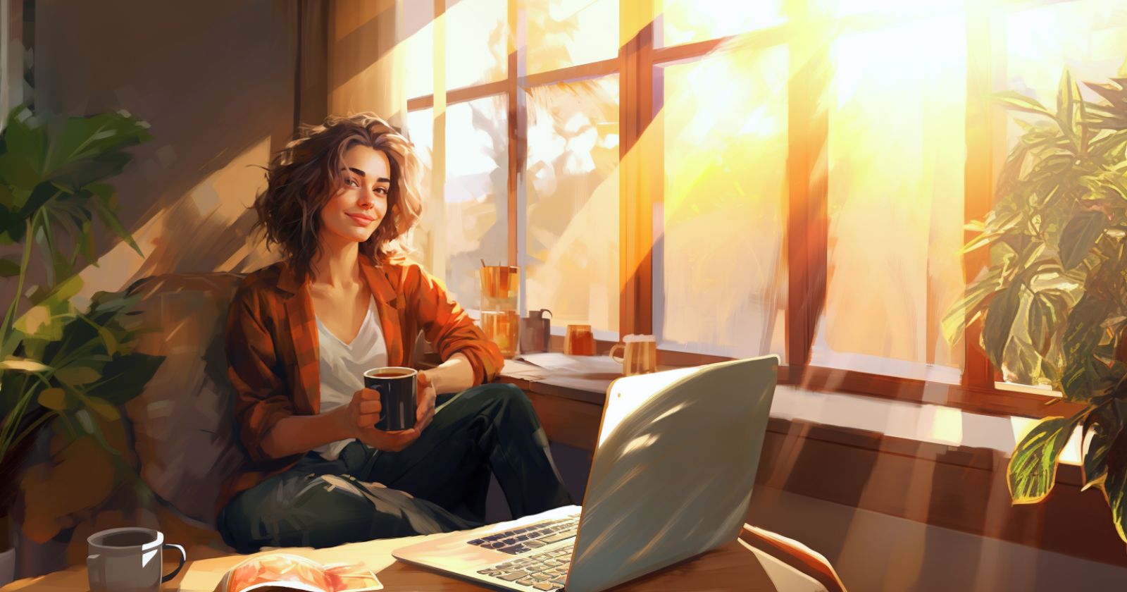 A lady looking calm and happy enjoying her nootropic coffee (caffeine)