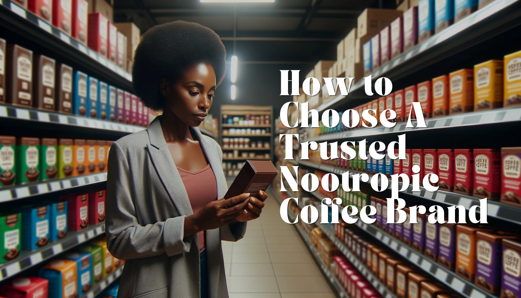 A woman looking at the packaging of a nootropic coffee to make sure she is picking a trusted brand,